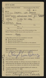 Entry card for Owens, Cheryl Lea for the 1983 May Show.