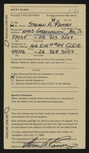 Entry card for Ramsey, Steven A. for the 1983 May Show.