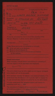 Entry card for Kiousis, Linda Weber for the 1984 May Show.