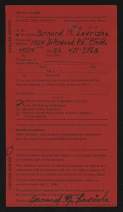 Entry card for Lavrisha, Bernard M. for the 1984 May Show.