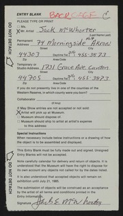 Entry card for McWhorter, Jack for the 1985 May Show.
