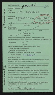 Entry card for Ingalls, Eve for the 1986 May Show.