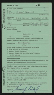 Entry card for Kinkopf, Bonnie J., and Roberts, Bill for the 1986 May Show.
