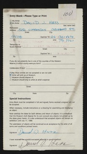 Entry card for Hess, David James for the 1988 May Show.