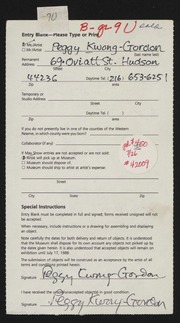 Entry card for Kwong-Gordon, Peggy for the 1988 May Show.