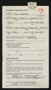 Entry card for Matthews, Mark for the 1988 May Show.