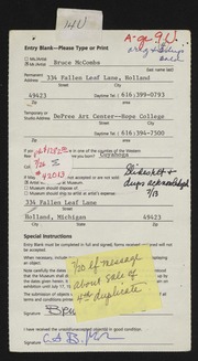 Entry card for McCombs, Bruce for the 1988 May Show.