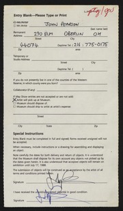 Entry card for Pearson, John for the 1988 May Show.