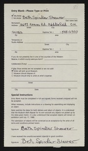 Entry card for Shearer, Beth Spindler for the 1988 May Show.