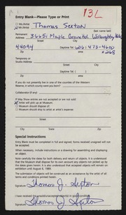 Entry card for Sexton, Thomas for the 1989 May Show.
