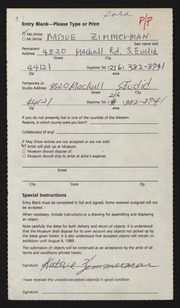 Entry card for Zimmerman, Katsue for the 1989 May Show.