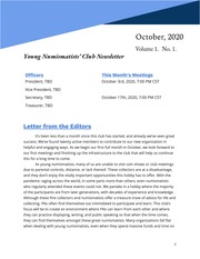 Young Numismatists' Club Newsletter (October 2020)