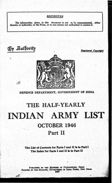 Indian Army List For Oct Part I And Ii -1946 : Authority Of The Council