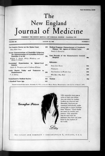 The New England Journal of Medicine 1948-08-19: Vol 239 Iss 8