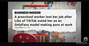 Libs of TikTok - UNREAL. NBC discusses a teacher who I “targeted.” She was making onlyfans at school. They then spend the next few minutes accusing me of b*mb threats. They’re not outraged about a teacher making onlyfans in preschool. They’re not outraged about p*rn in schools. They’re not…